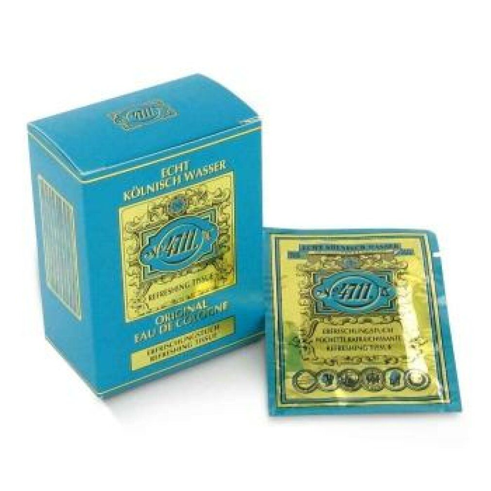 Blau-goldene Schachtel und Einzelpackung mit '4711 Echt Kölnisch Wasser' Schriftzug.