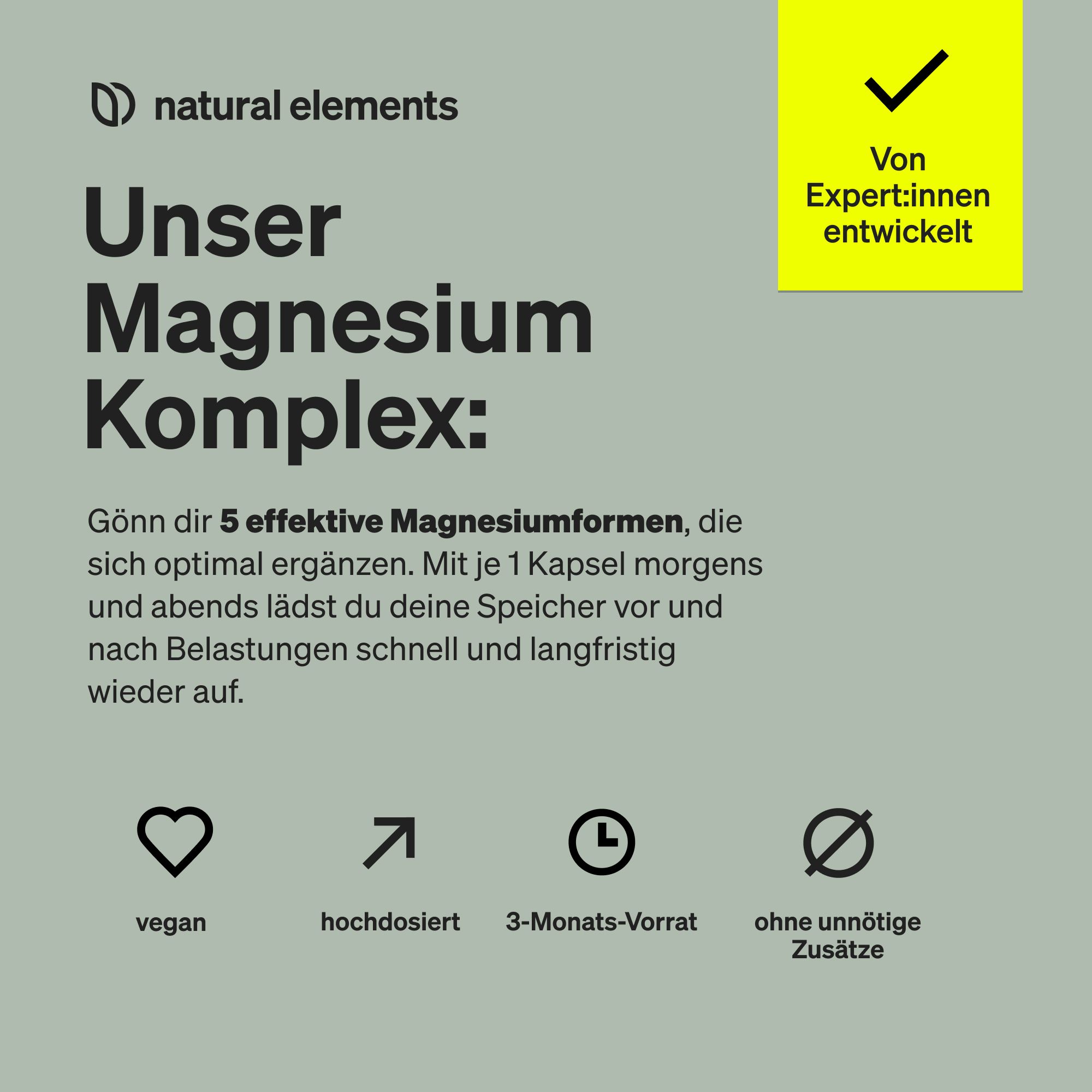 natural Magnesium Komplex – 5 hochwertige Verbindungen – 400mg elementares Magnesium pro Tagesdosis