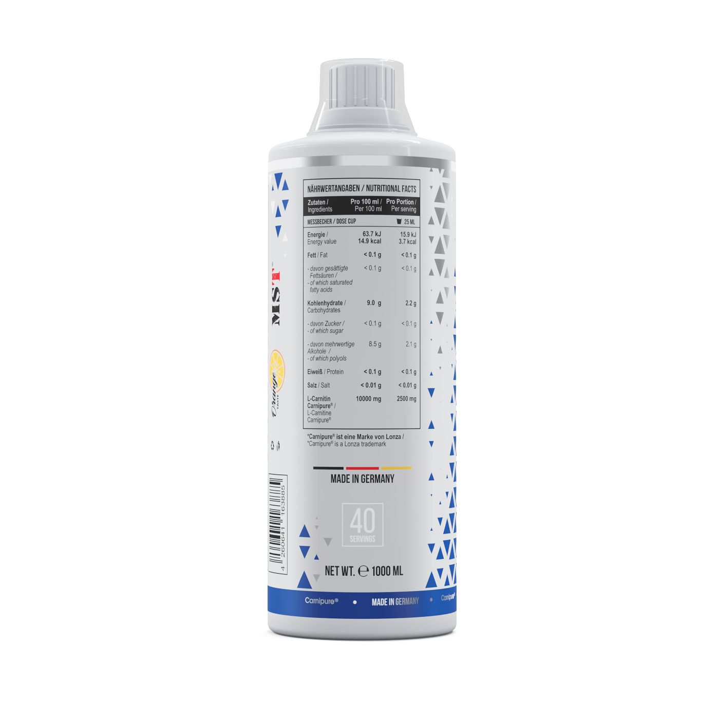 Weiße Flasche mit Nährwertangaben und Dosierungsempfehlungen für L-Carnitin.