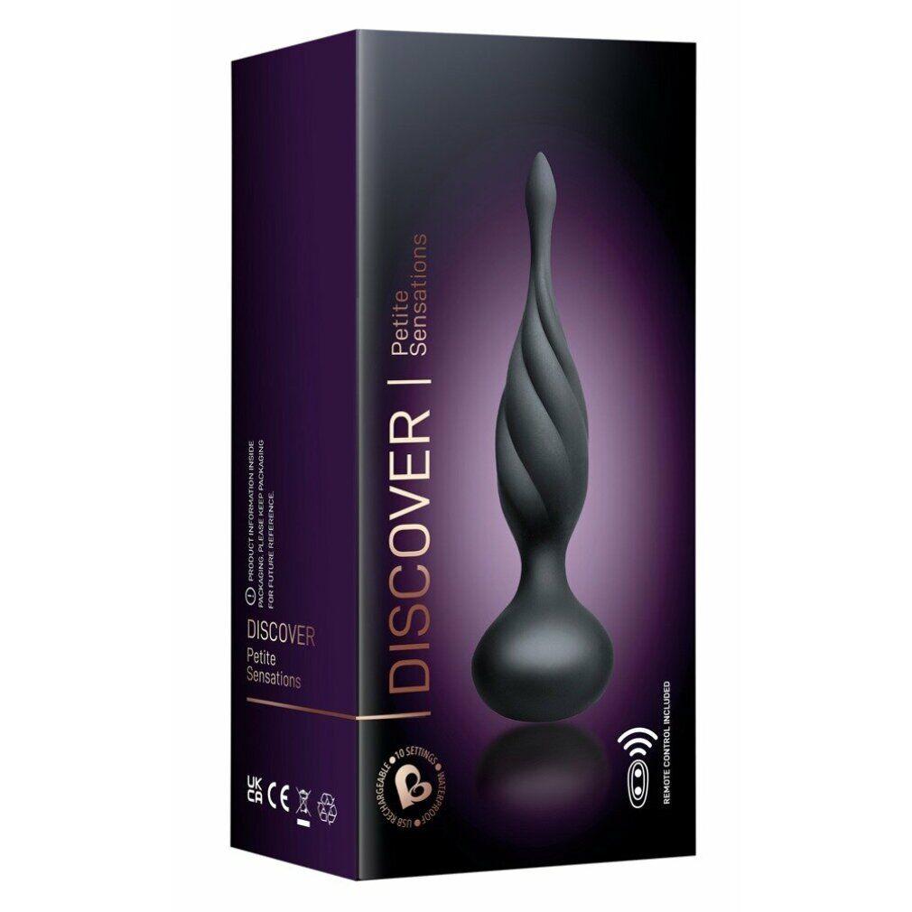 Schwarzes Wellness-Produkt in Verpackung. Aufschrift: DISCOVER Petite Sensations. Mit Fernbedienung.