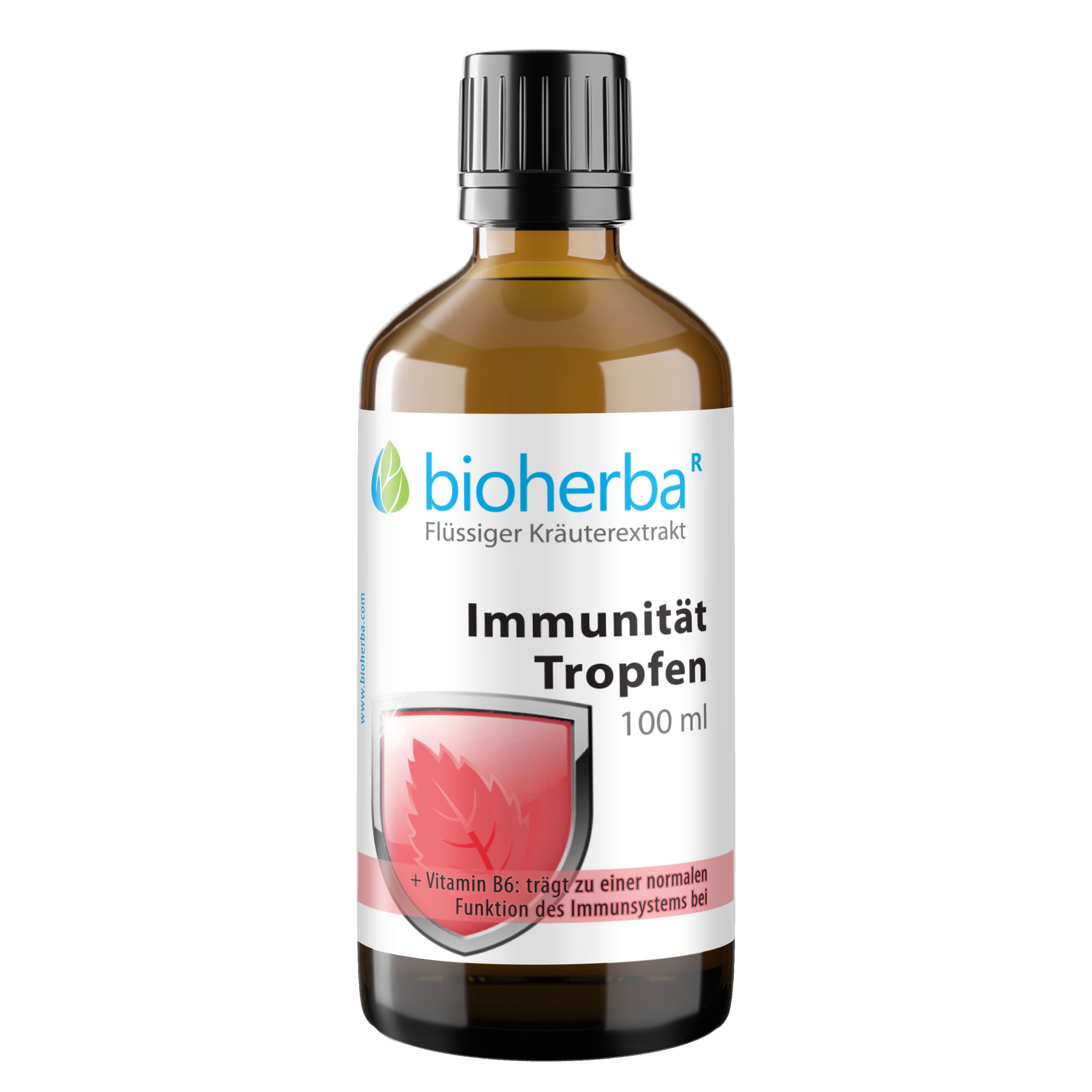 Braune Glasflasche von Bioherba Immunität Tropfen. 100 ml. Rotes Etikett mit Blattmotiv. Text: Vitamin B6 trägt zur normalen Funktion des Immunsystems bei.