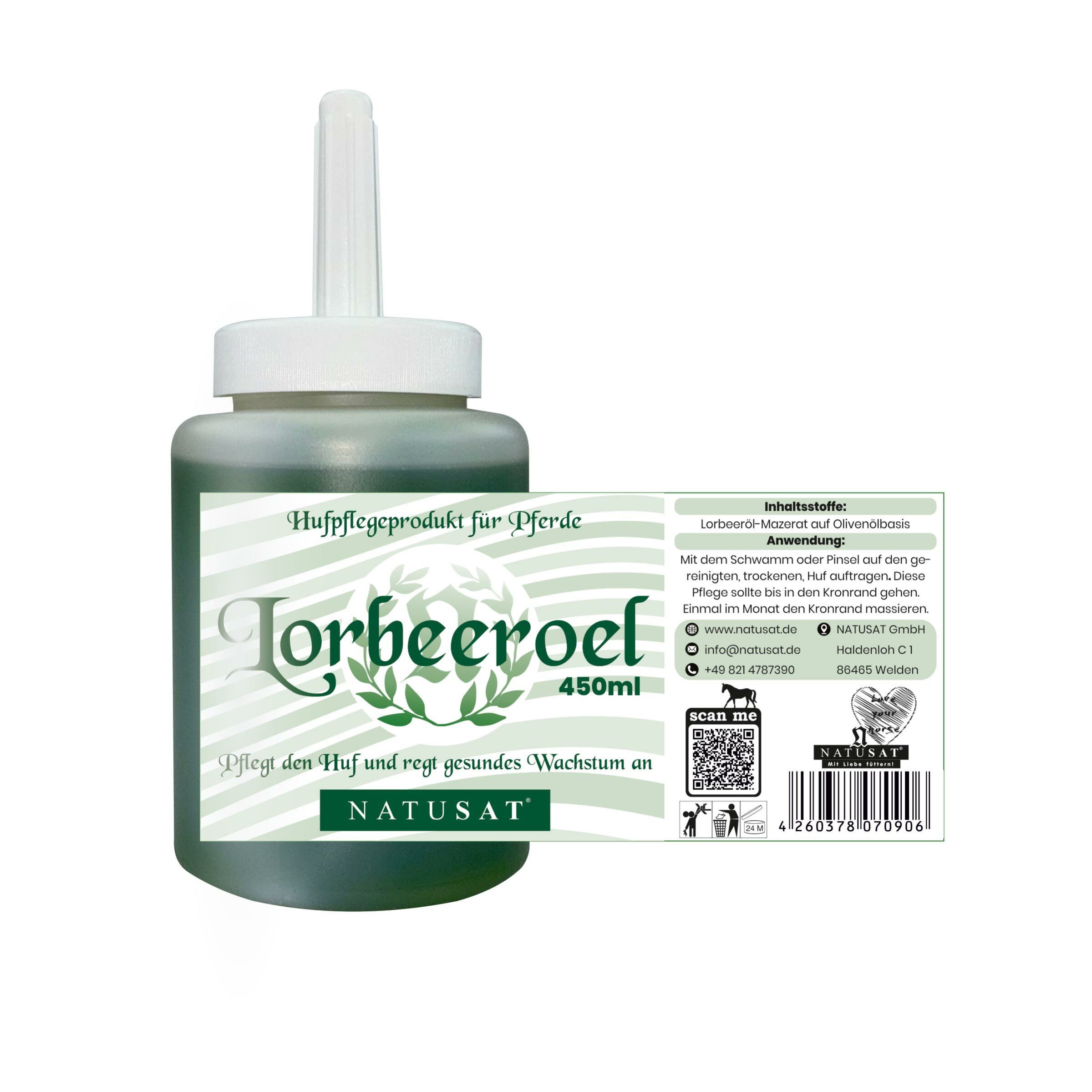 Flasche Natusat Lorbeeröl mit Etikett, das Inhaltsstoffe und Anwendung beschreibt. 450ml.