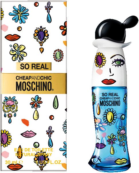 Verpackung von So Real Eau de Toilette. Weiß mit bunten Mustern und goldenem Streifen mit Markenname.