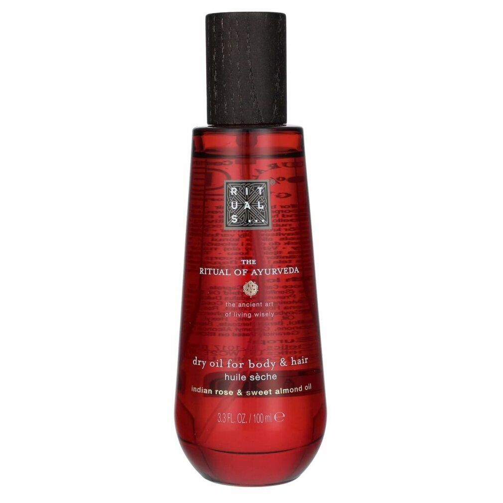 Rote Glasflasche mit Holzdeckel, Rituals The Ritual Of Ayurveda Trockenöl für Körper und Haare.