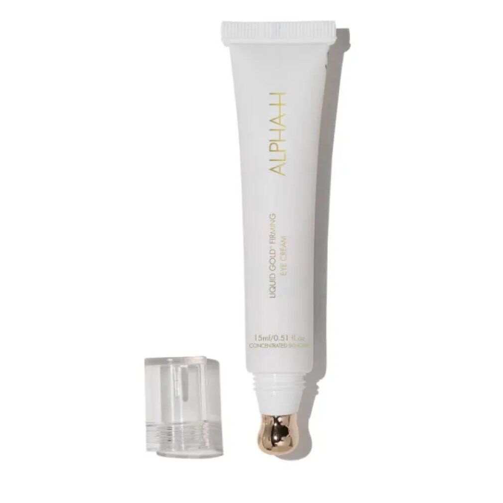 Weiße Tube mit goldfarbenem Applikator. Schriftzug ALPHA-H und Liquid Gold Firming Eye Cream. Deckel daneben.
