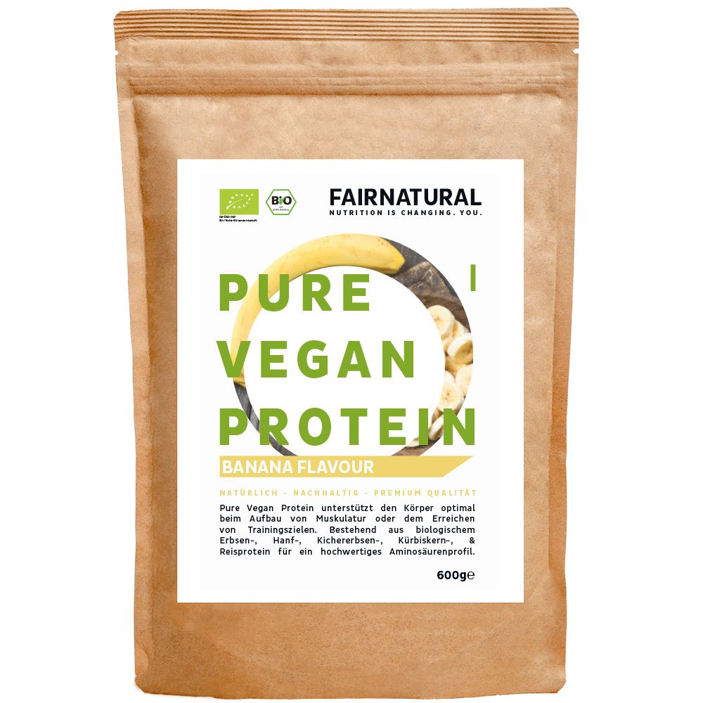 Beutel mit Pure Vegan Protein, Bananengeschmack. Text: Natürlicher, hochwertiger Proteinshake. Bio-Siegel, 600g.