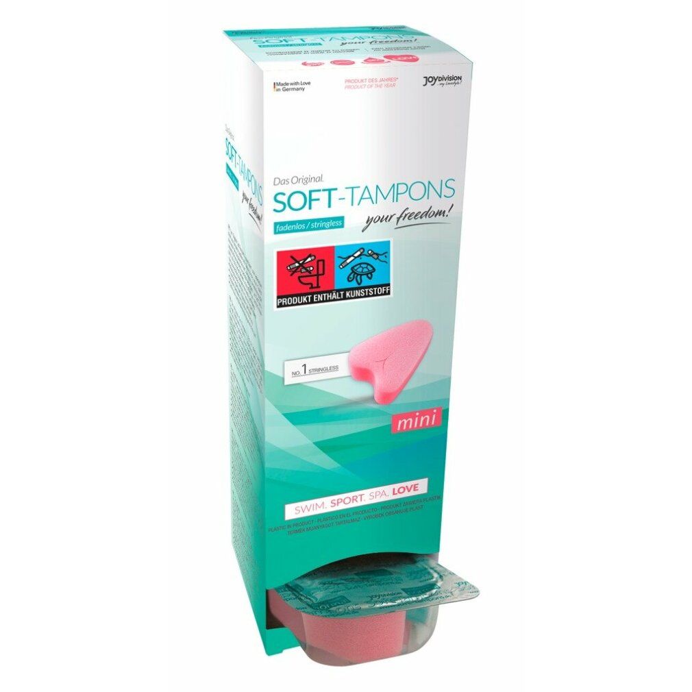 Verpackung von Soft-Tampons mini. Rosa Tampon und Verpackung mit Produktinformationen. Text: SWIM, SPORT, SEX, LOVE.