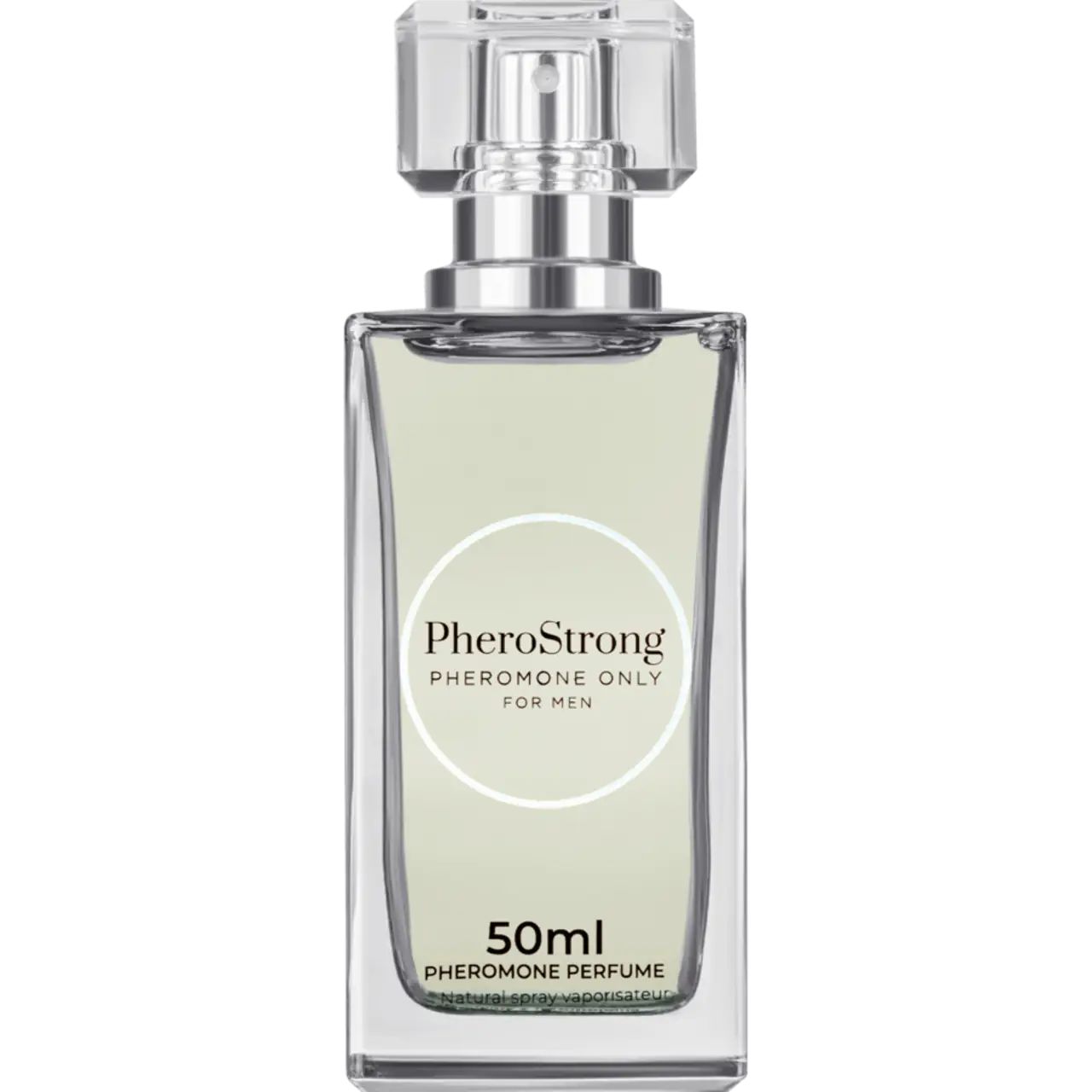 Parfümflasche mit "PheroStrong Pheromone Only for Men"-Logo und 50ml-Angabe. Transparente Flasche mit silbernem Zerstäuber.