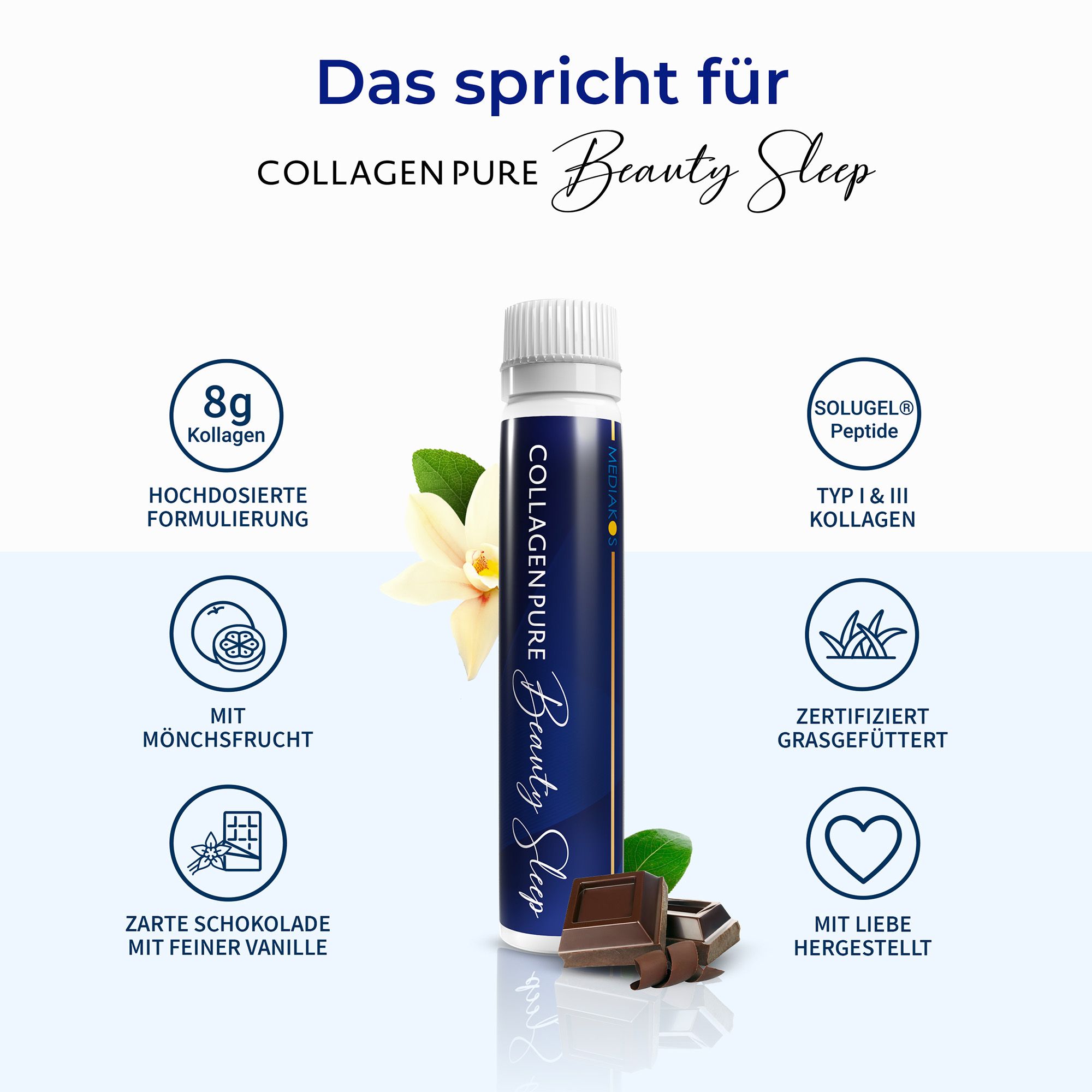 Dunkelblaue Trinkampulle mit weißem Deckel, umgeben von Schokoladenstücken und Vanilleblüte. Links und rechts sind Icons mit Produktmerkmalen.