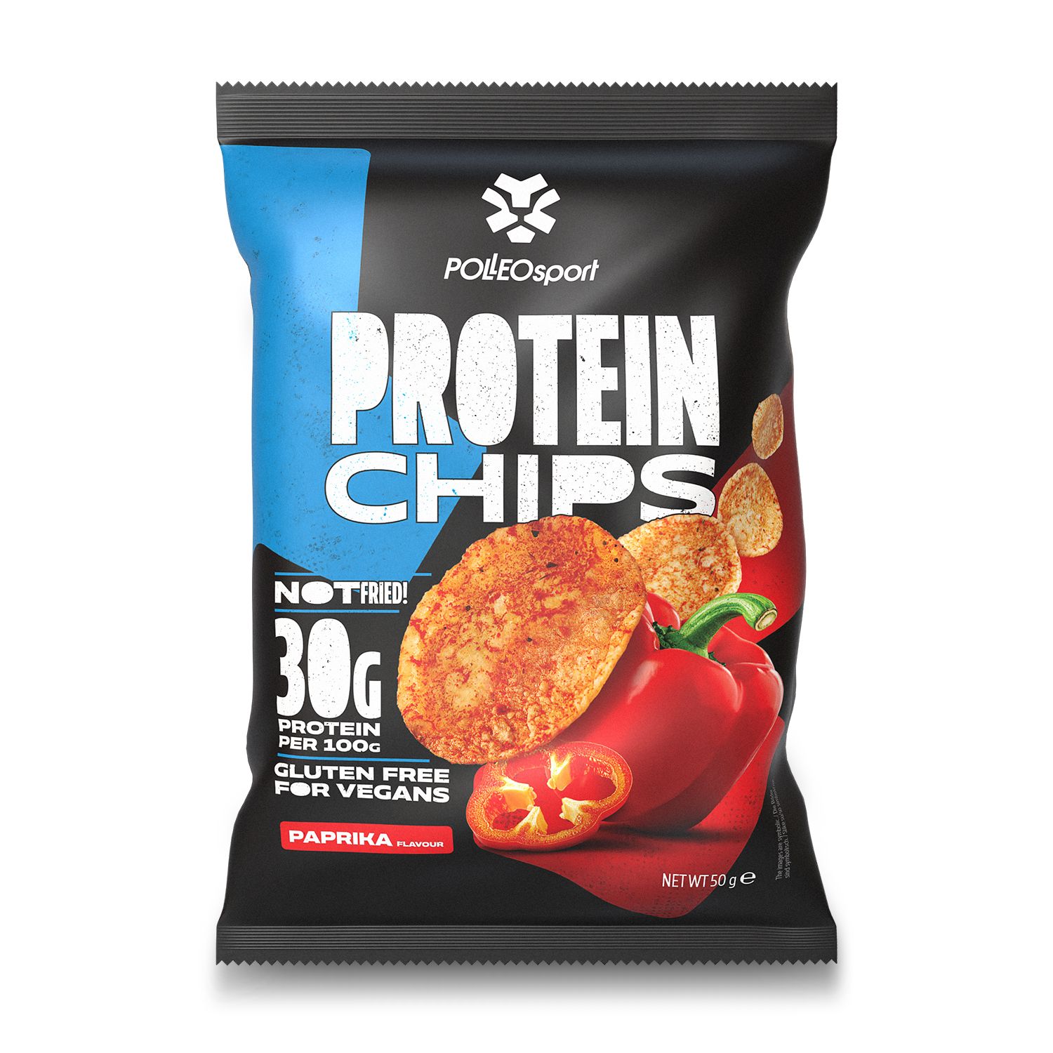 Schwarzer Beutel Protein Chips mit Paprika-Geschmack. Aufdruck: Protein Chips, Polleo Sport Logo, 30g Protein, glutenfrei.
