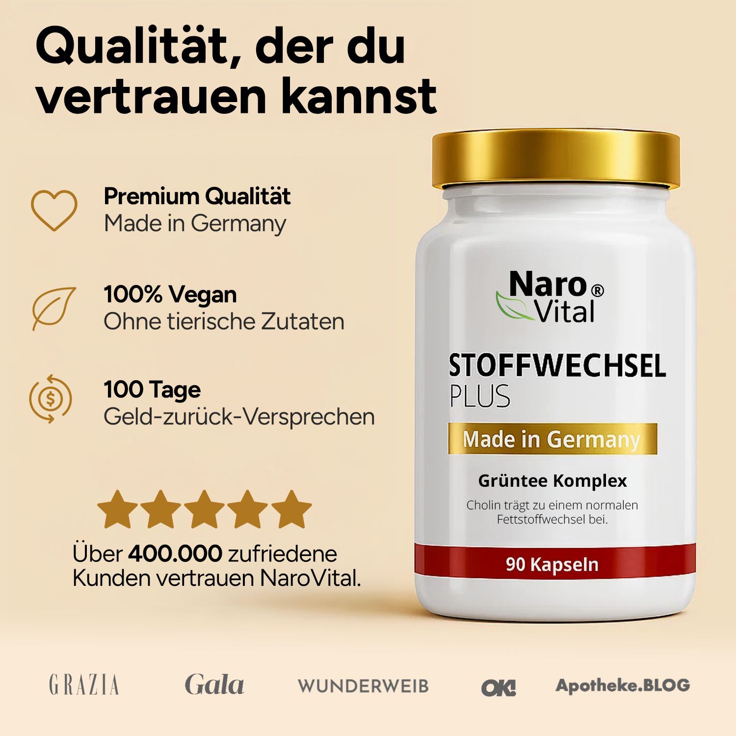 Weiße Flasche mit goldener Kappe. Aufschrift: Naro Vital, Stoffwechsel Plus, 90 Kapseln. Text: Qualität, der du vertrauen kannst.