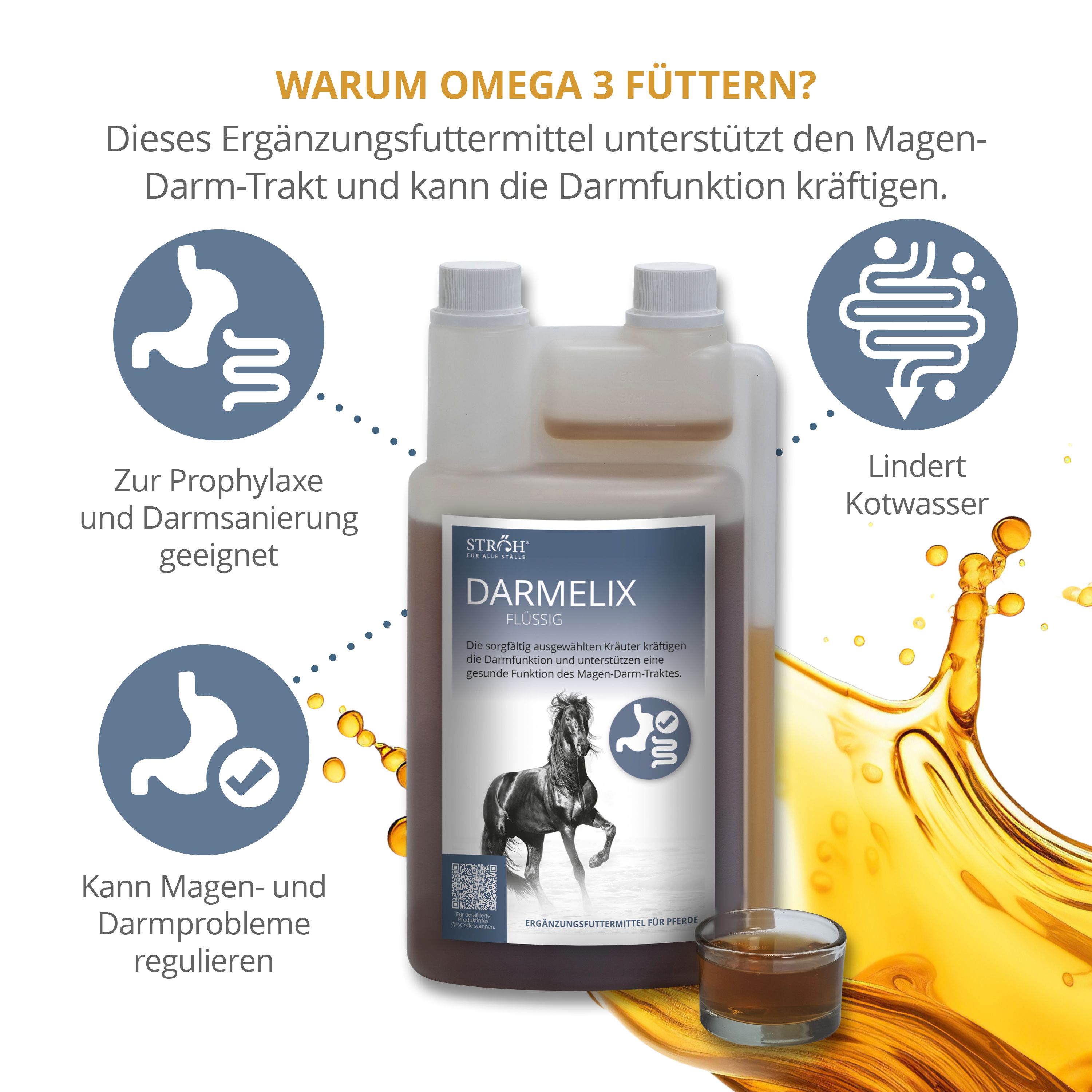 DARMELIX Flüssig-Flasche mit Glas. Produktabbildung mit Illustrationen zur Darmgesundheit. Enthält Flüssigkeit.
