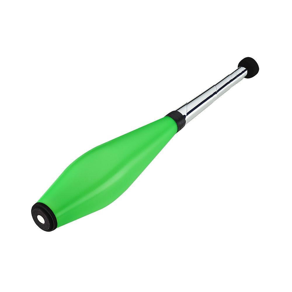 Grüne Jonglierkeule mit schwarzem Ende und silbernem Schaft. Kegelförmiger Körper, zylindrischer Griff.