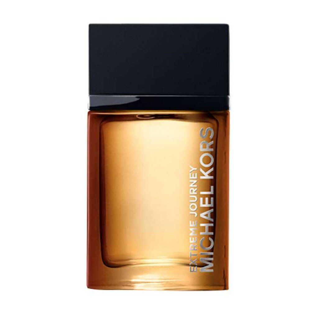 Rechteckiger Flakon mit schwarzem Deckel. Aufschrift: Extreme Journey, Michael Kors. Goldfarbene Flüssigkeit im Glasbehälter.