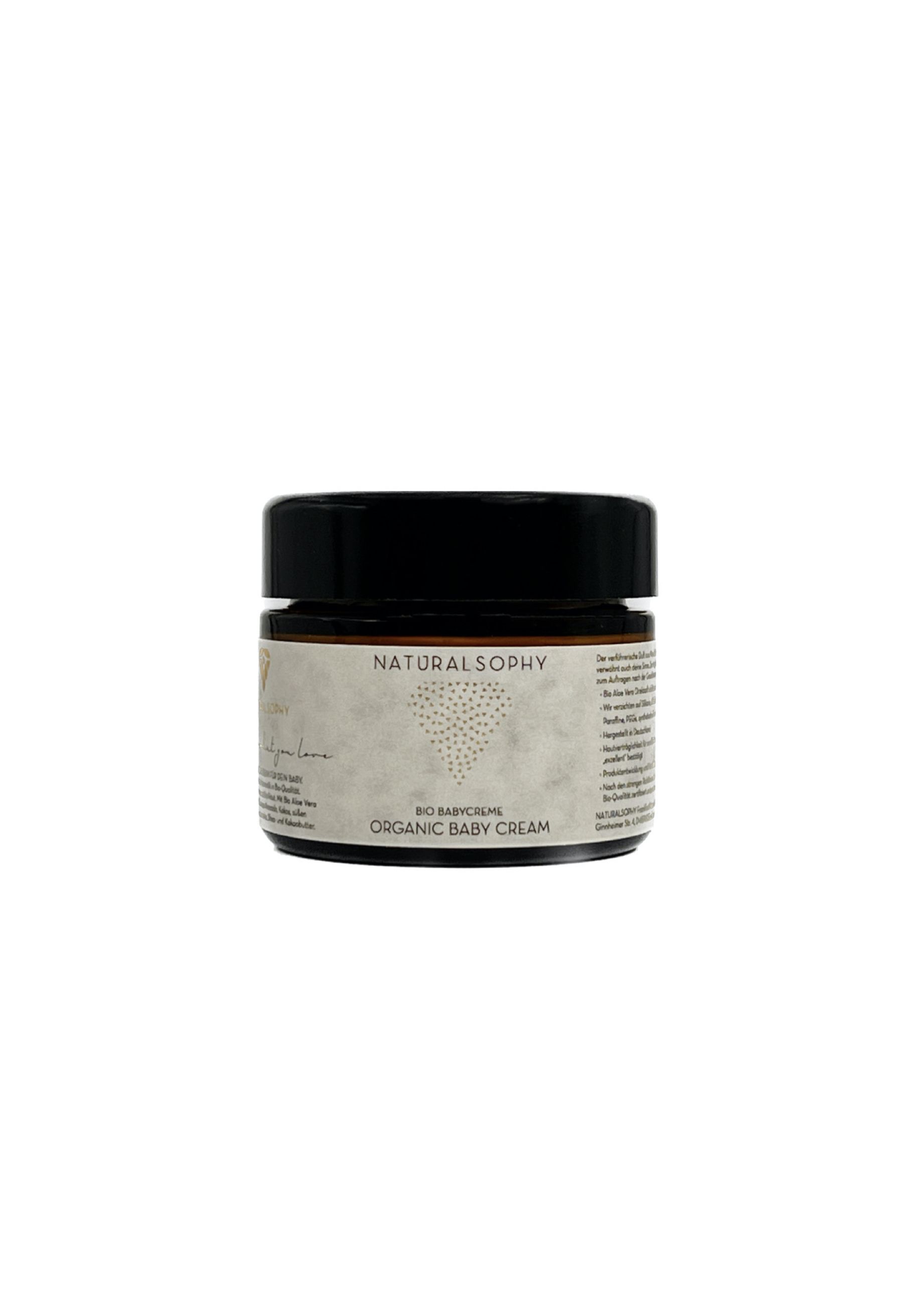 Braune Creme-Dose mit schwarzem Deckel. Aufschrift: NATURALSOPHY, ORGANIC BABY CREAM.