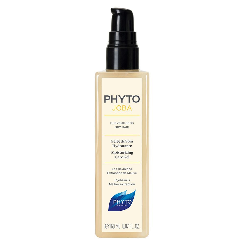 Beige Flasche mit schwarzem Pumpverschluss. Aufschrift PHYTO JOBA, Gelée de Soin Hydratante. 150 ml.