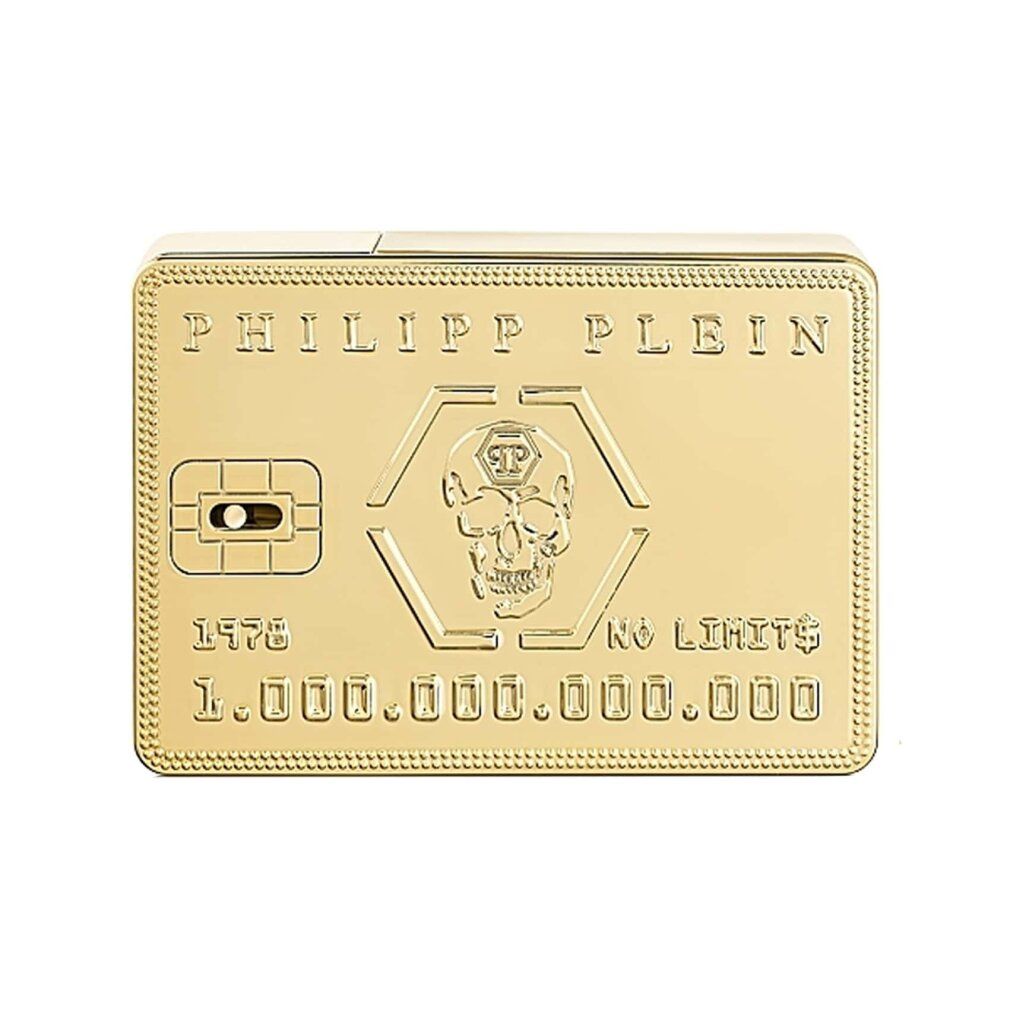 Goldfarbener Flakon in Kreditkartenform. Logo und Schriftzug auf der Oberfläche. Mit Chip und Schlitz.