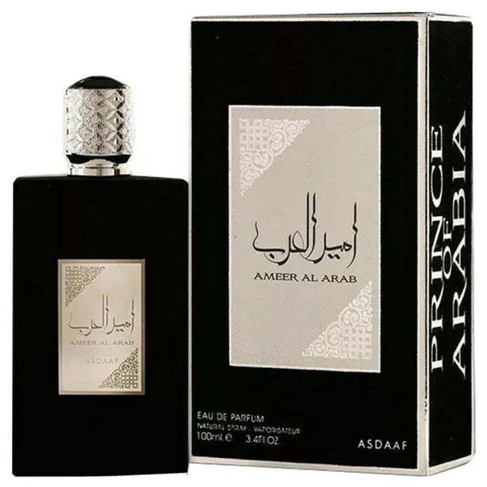 Schwarze Flasche und Verpackung. Silberne Schrift: Ameer Al Arab. Aufschrift: Prince Arabia. 100ml.