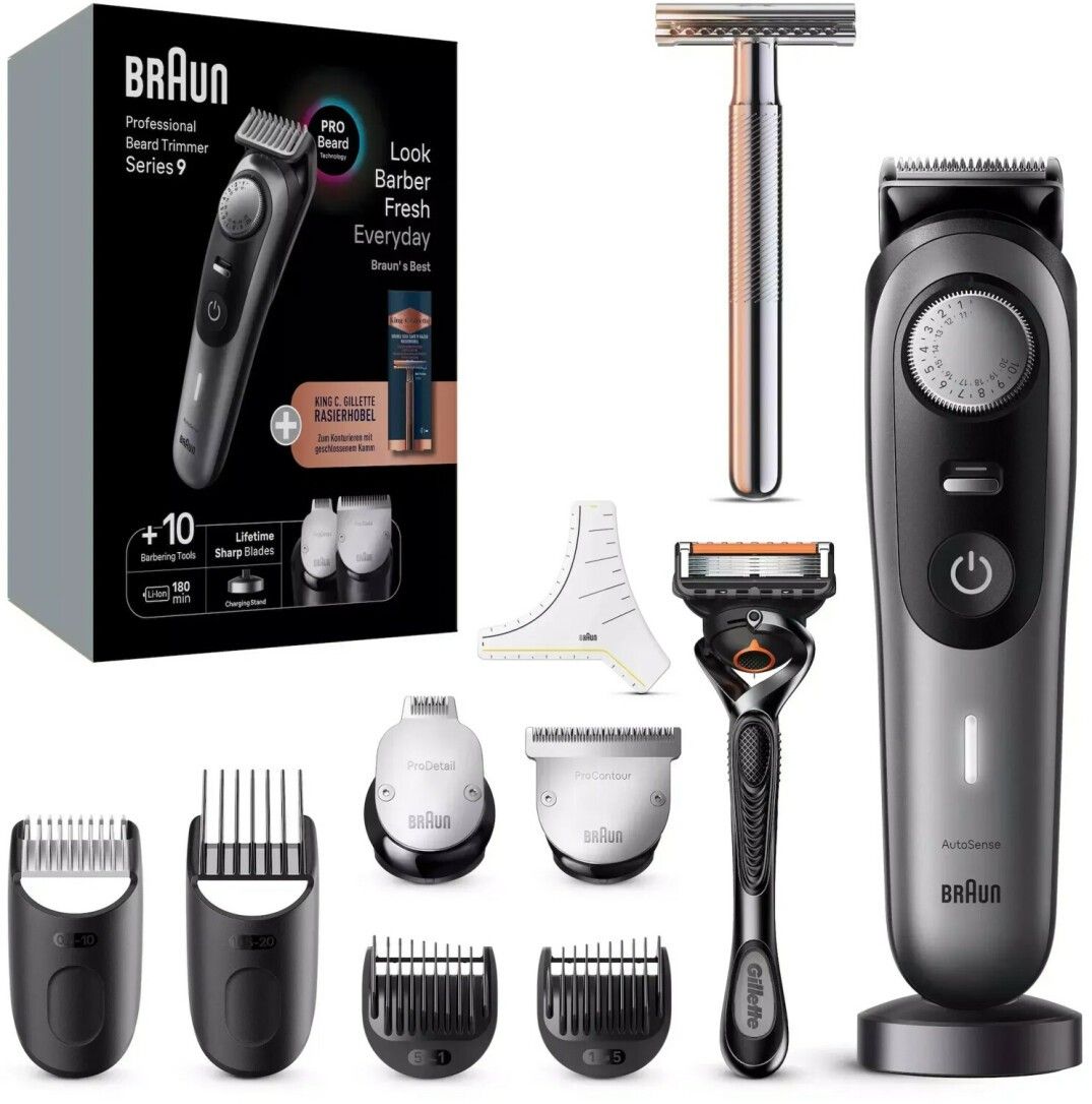 Braun Barttrimmer Series 9 mit Zubehör. Enthält Aufsätze, Rasierer und Ladestation.