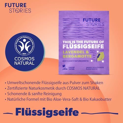 Verpackung mit Flüssigseife. Auf der Verpackung ist das Logo "Future Stories" und das COSMOS NATURAL-Siegel zu sehen.