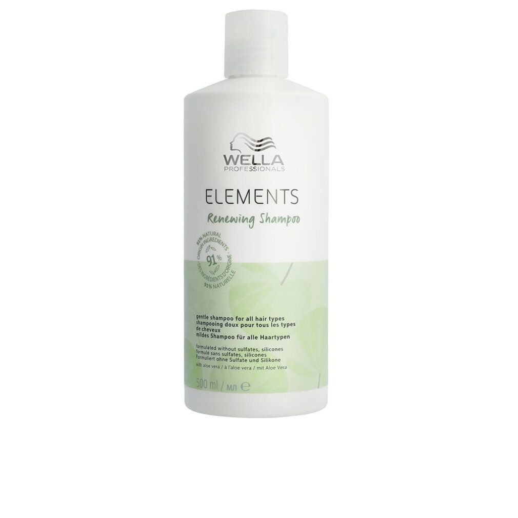 Weiße Shampoo-Flasche mit grünem Etikett. Aufschrift: Wella Elements Renewing Shampoo. 500 ml.