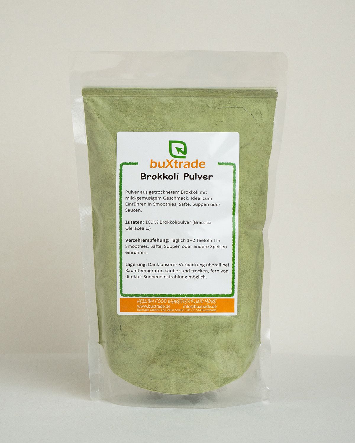 Verpackung mit Brokkolipulver, Marke buXtrade.