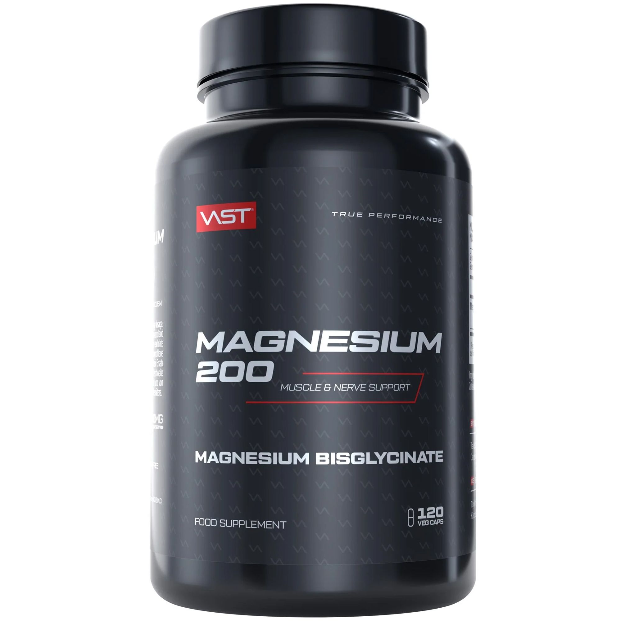 Schwarze Flasche mit "VAST Magnesium 200". Enthält 120 Kapseln. Schriftzug "Magnesium Bisglycinate".