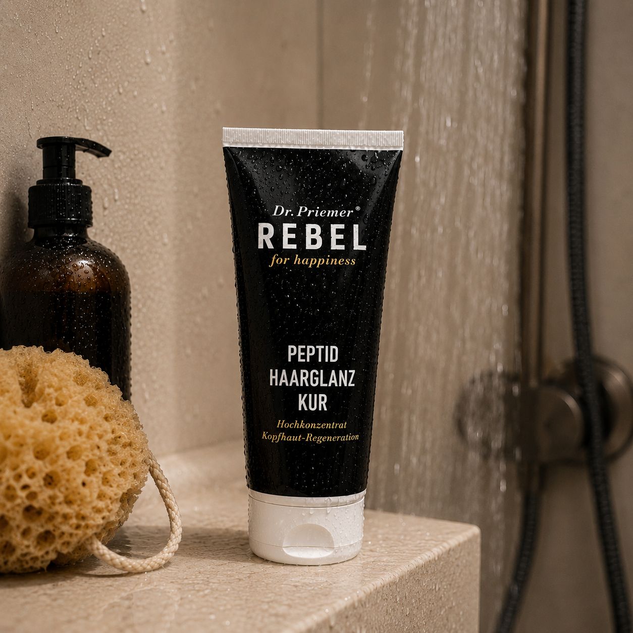 Schwarze Tube mit weißem Aufdruck: Dr. Priemer REBEL for happiness, Peptid Haarglanz Kur, Hochkonzentrat Kopfhaut-Regeneration.