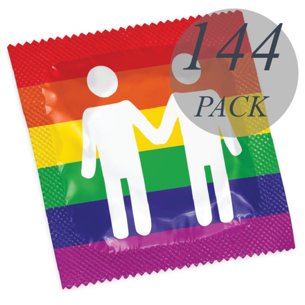 Einzelnes Kondom in Regenbogenfarben mit weißer Silhouette von zwei Personen, Aufschrift '144 PACK'.
