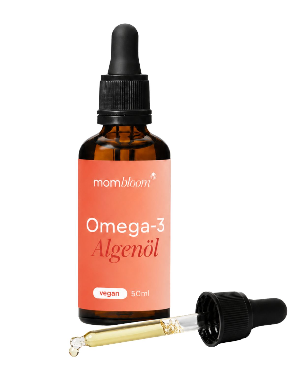 Braune Glasflasche mit Pipette, gefüllt mit Omega-3 Algenöl. Etikett mit "mombloom Omega-3 Algenöl" und "vegan".