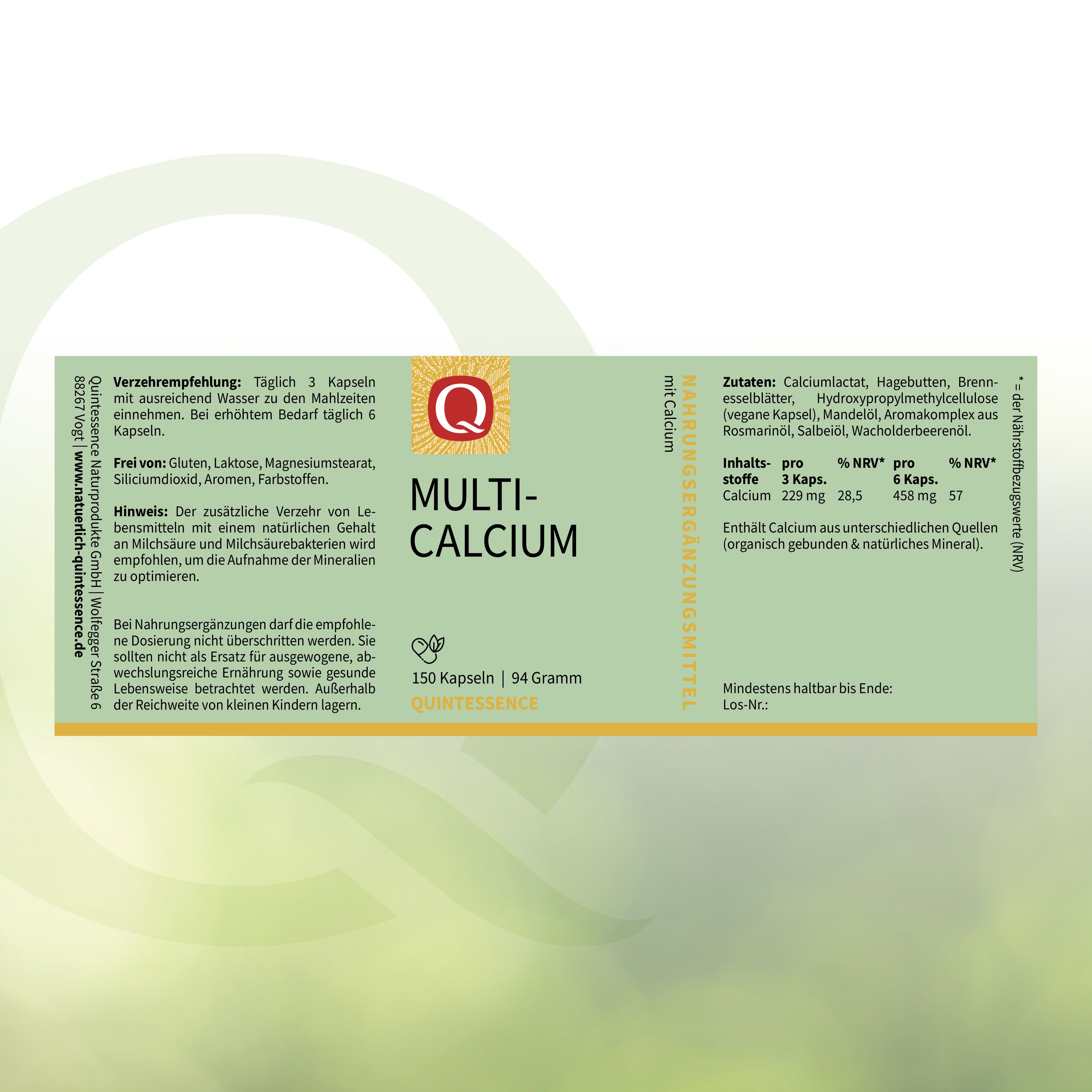 Etikett mit Produktinformationen. "Multi-Calcium" und "Quintessence".