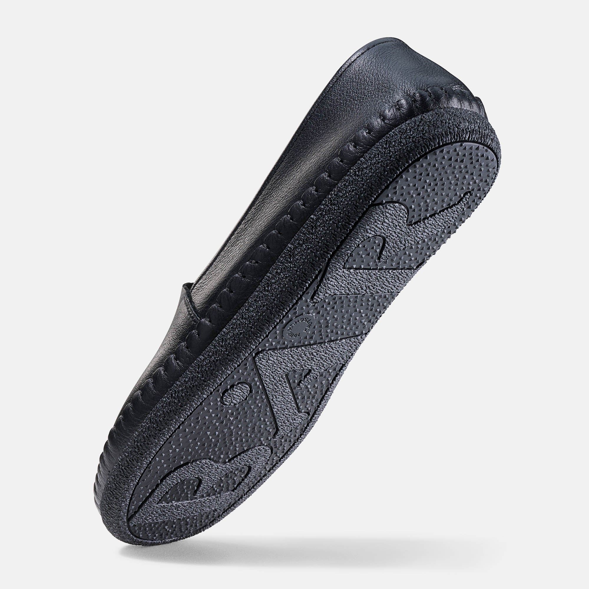 Schwarze Slipper-Sohle. Profilierte Unterseite, flache Sohle.
