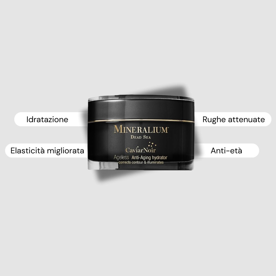Vasetto nero con coperchio dorato. Testo: Mineralium, CaviarNoir, Anti-età, Idratatione, Elasticità migliorata.