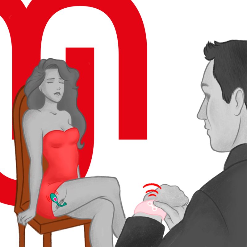 Illustration: Mann mit Fernbedienung blickt auf Frau mit Vibrator.