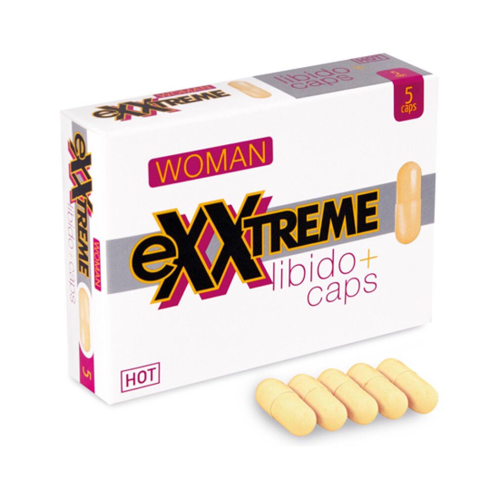 Weiße Schachtel mit eXXtreme, WOMAN, Libido+ caps und HOT. 5 Kapseln liegen daneben.