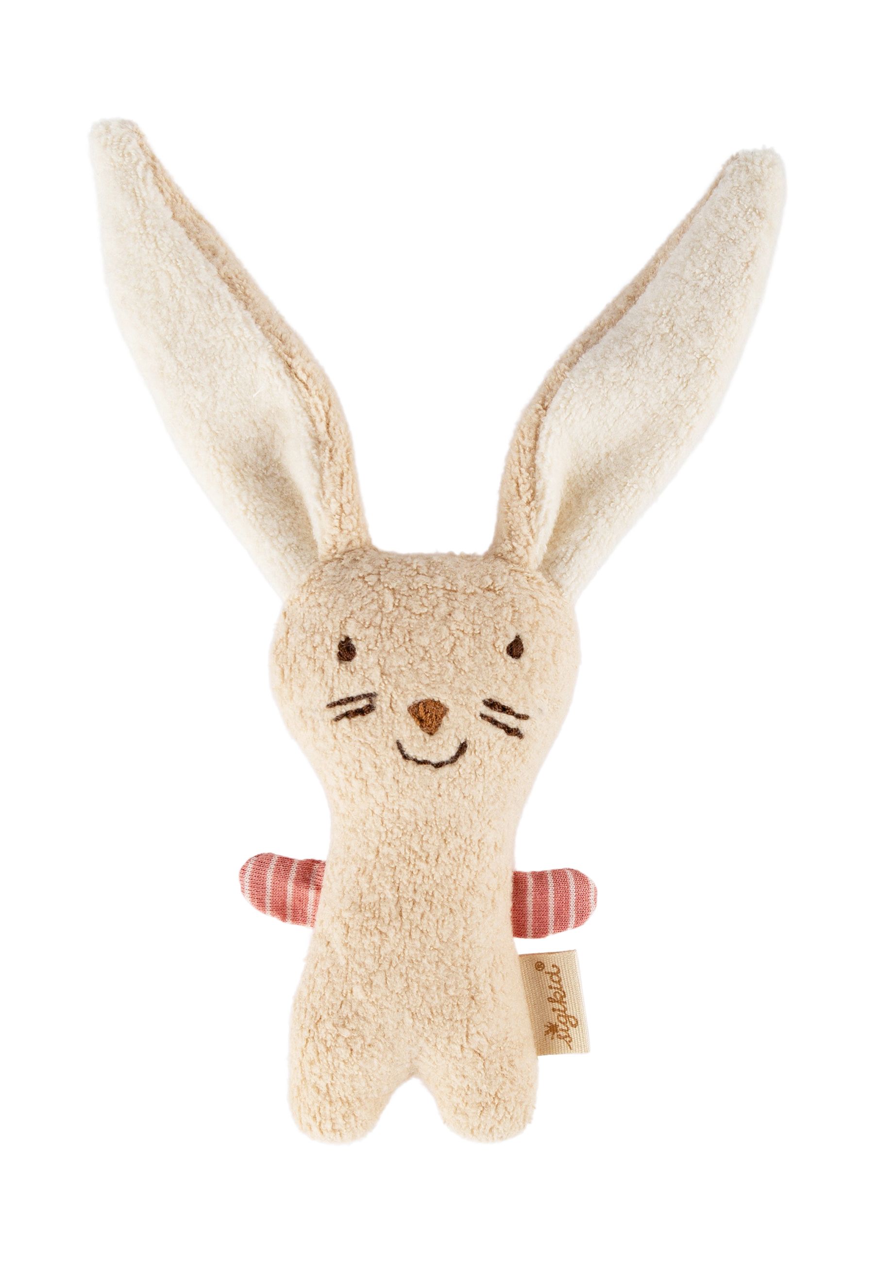 Beige Stofftier-Greifling in Hasenform mit langen Ohren und roten Streifen an den Armen. Mit gesticktem Gesicht und SIGIKID-Label.