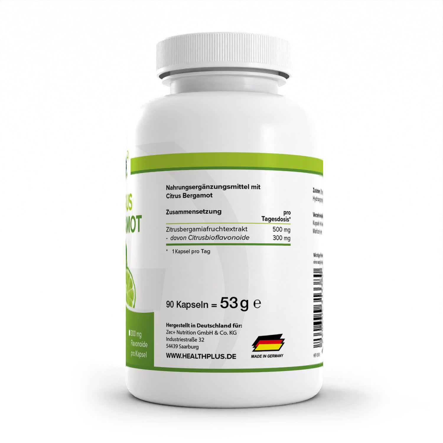 Rückseite einer HEALTH+ CITRUS BERGAMOT Kapseldose. Zeigt Nährwertangaben und Herstellerinformationen.