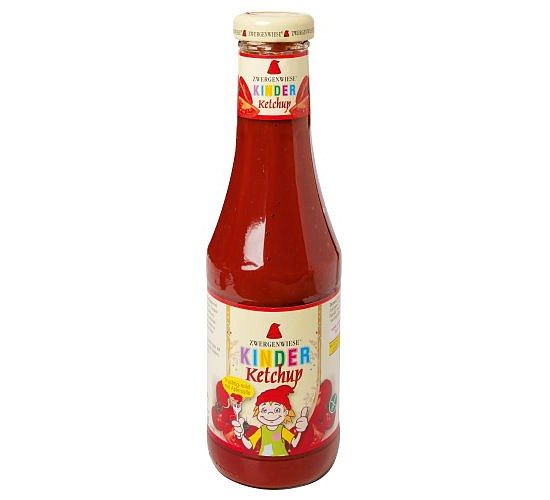 Flasche Zwergenwiese Kinder Ketchup mit Etikett, das ein Kind zeigt.