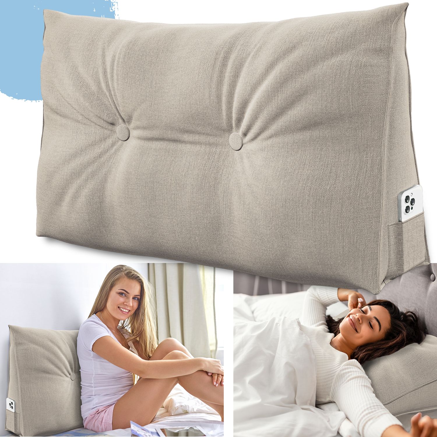 Frau mit Stützkissen. Beige Kissen mit Knöpfen. Seitentasche. Kissen in verschiedenen Positionen. Smartphone in Tasche.