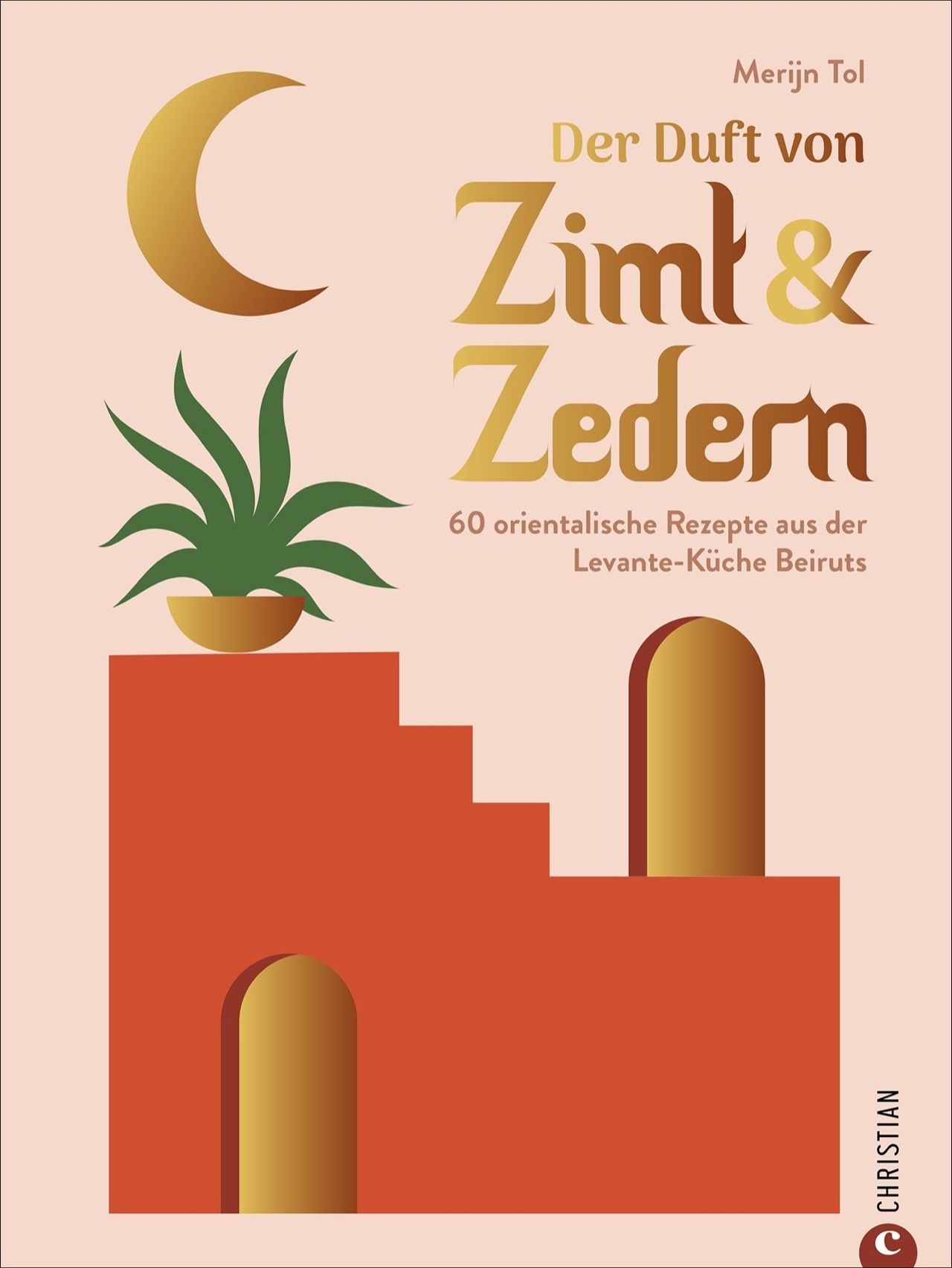 Buchcover mit Titel "Der Duft von Zimt & Zedern". Goldene Schrift auf rosa Hintergrund. Illustration mit Mond, Pflanze und Architektur.