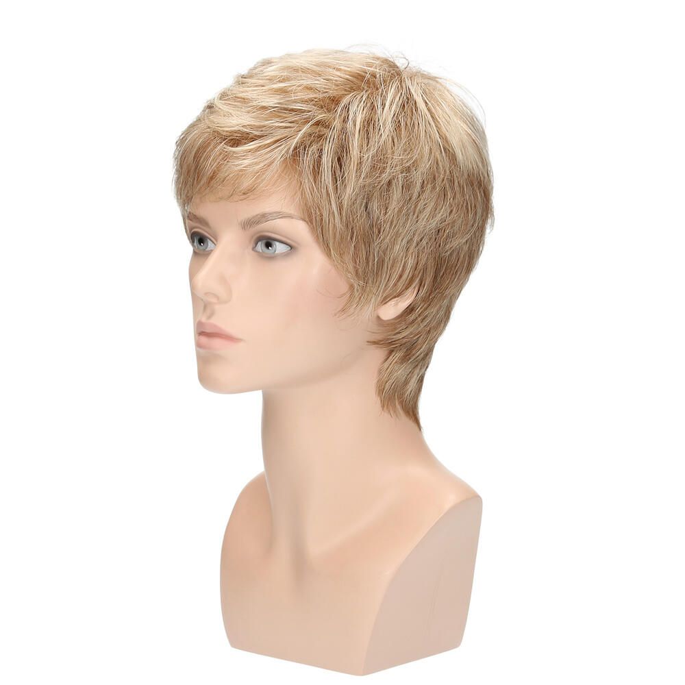 Perücke Sam von trendhair. Blondes, kurzes Haar auf einer Schaufensterpuppe. Seitenansicht.