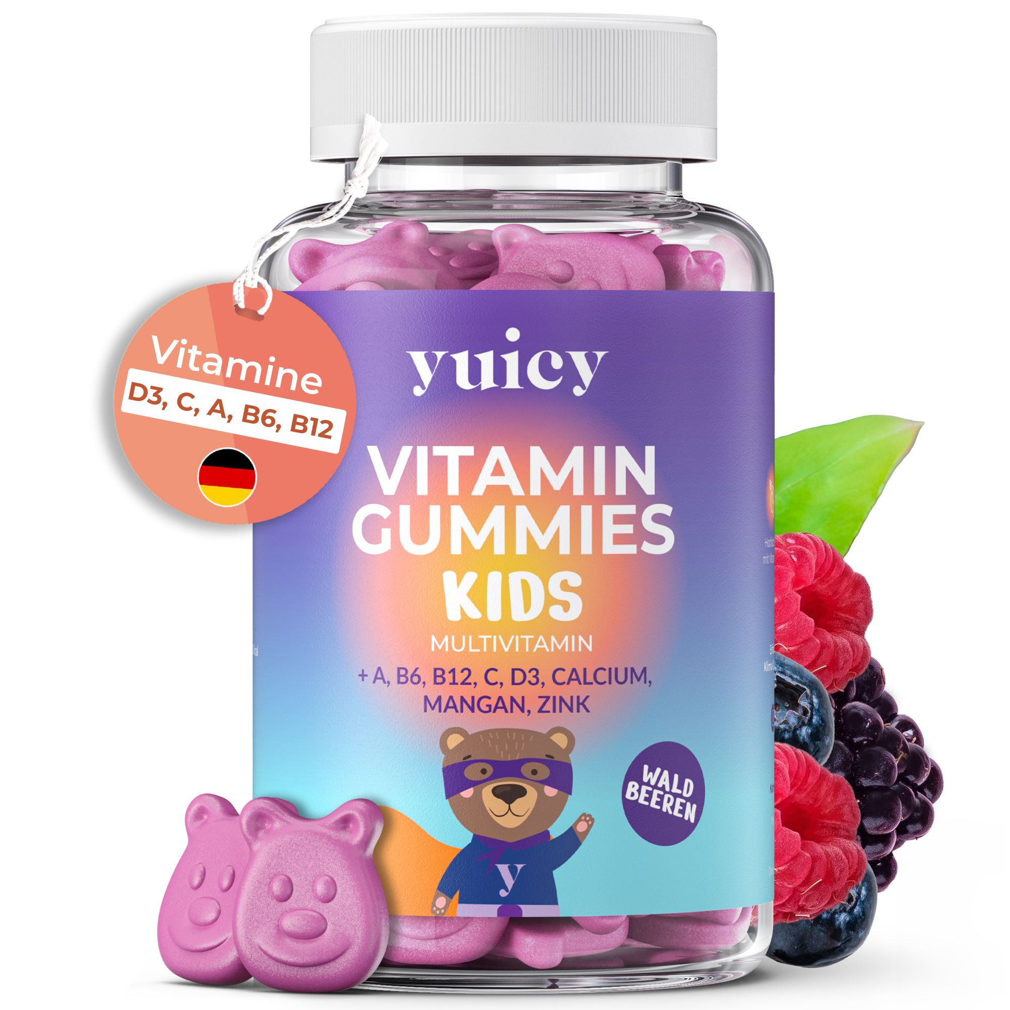 Glas mit yuicy Vitamin Gummies Kids, Bären-Gummibärchen, Anhänger mit Vitaminen D3, C, A, B6, B12. Mit Waldbeeren.