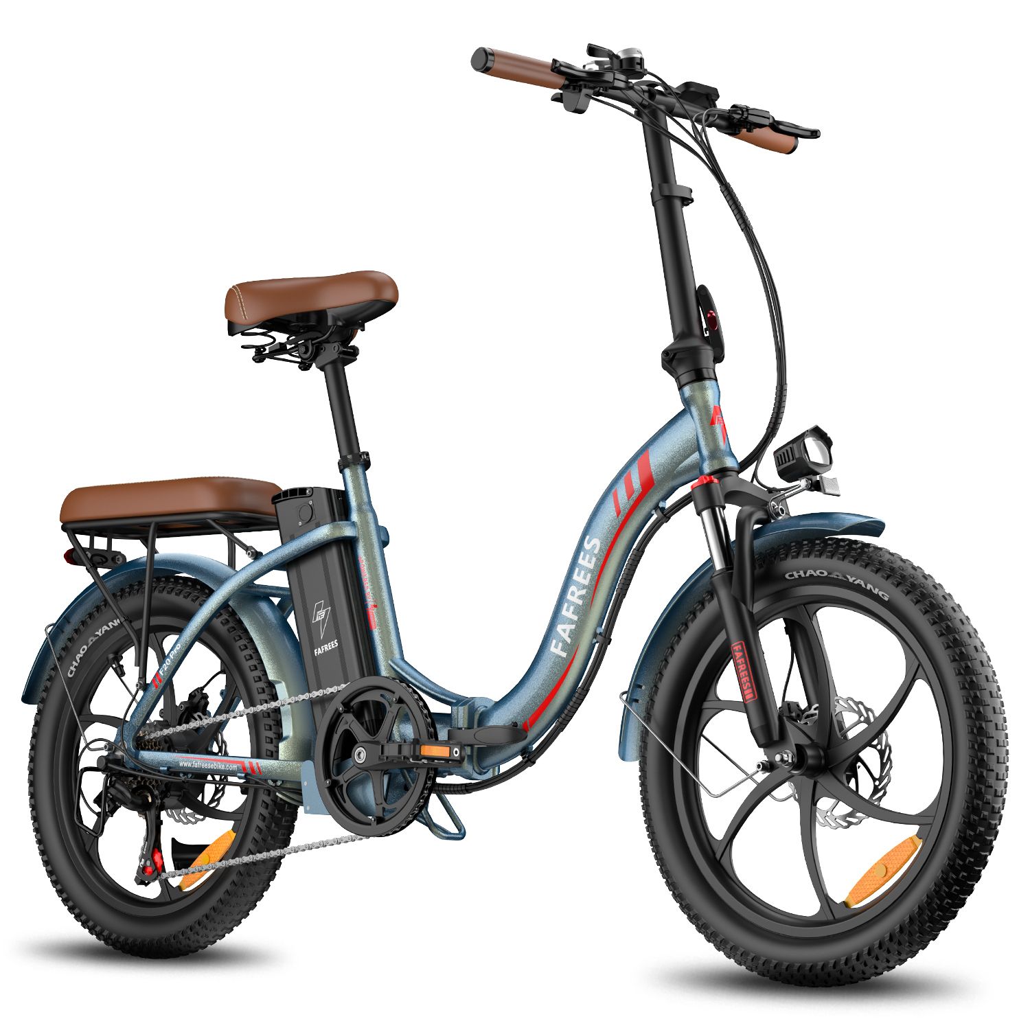 Faltbares E-Bike mit breiten Reifen. Blau-grauer Rahmen, brauner Sattel und Lenkergriffe. Marke FAFREES.