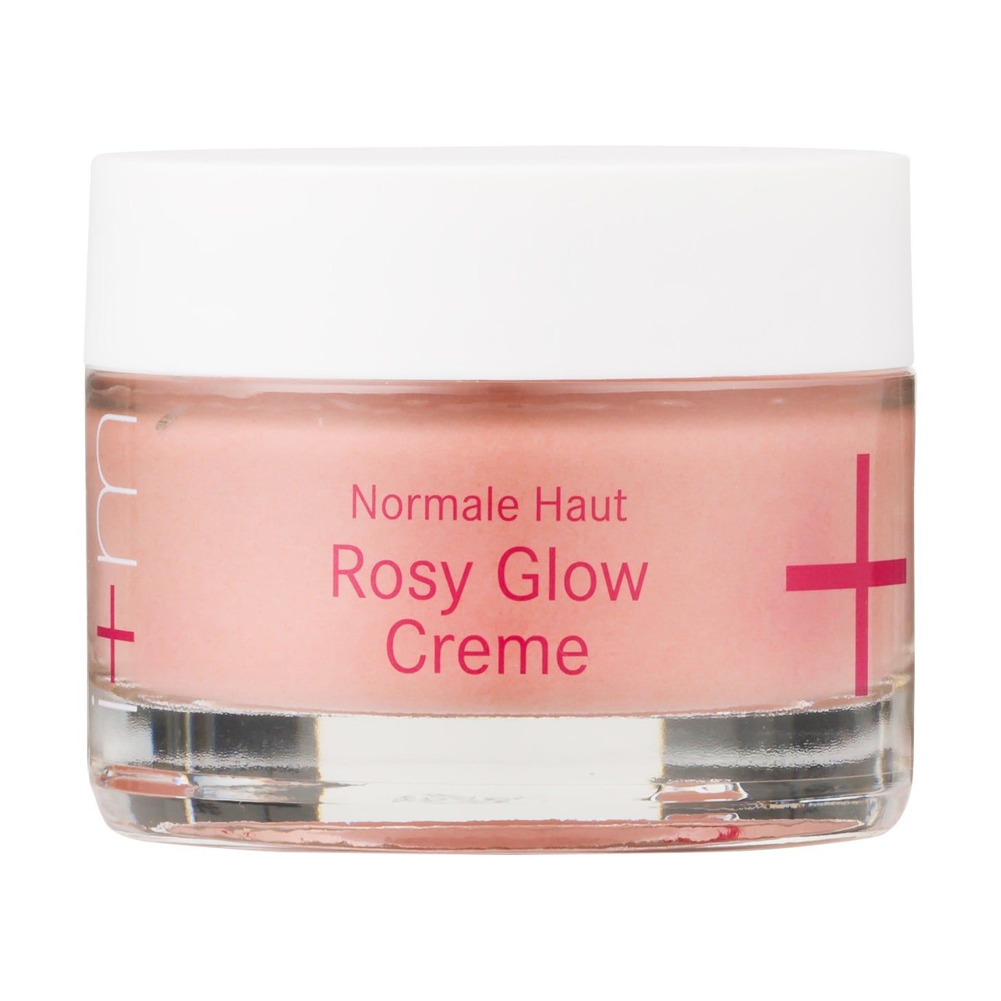 Creme in einem Glasbehälter mit weißem Deckel. Aufschrift: Rosy Glow Creme für normale Haut. Rosa Creme sichtbar.