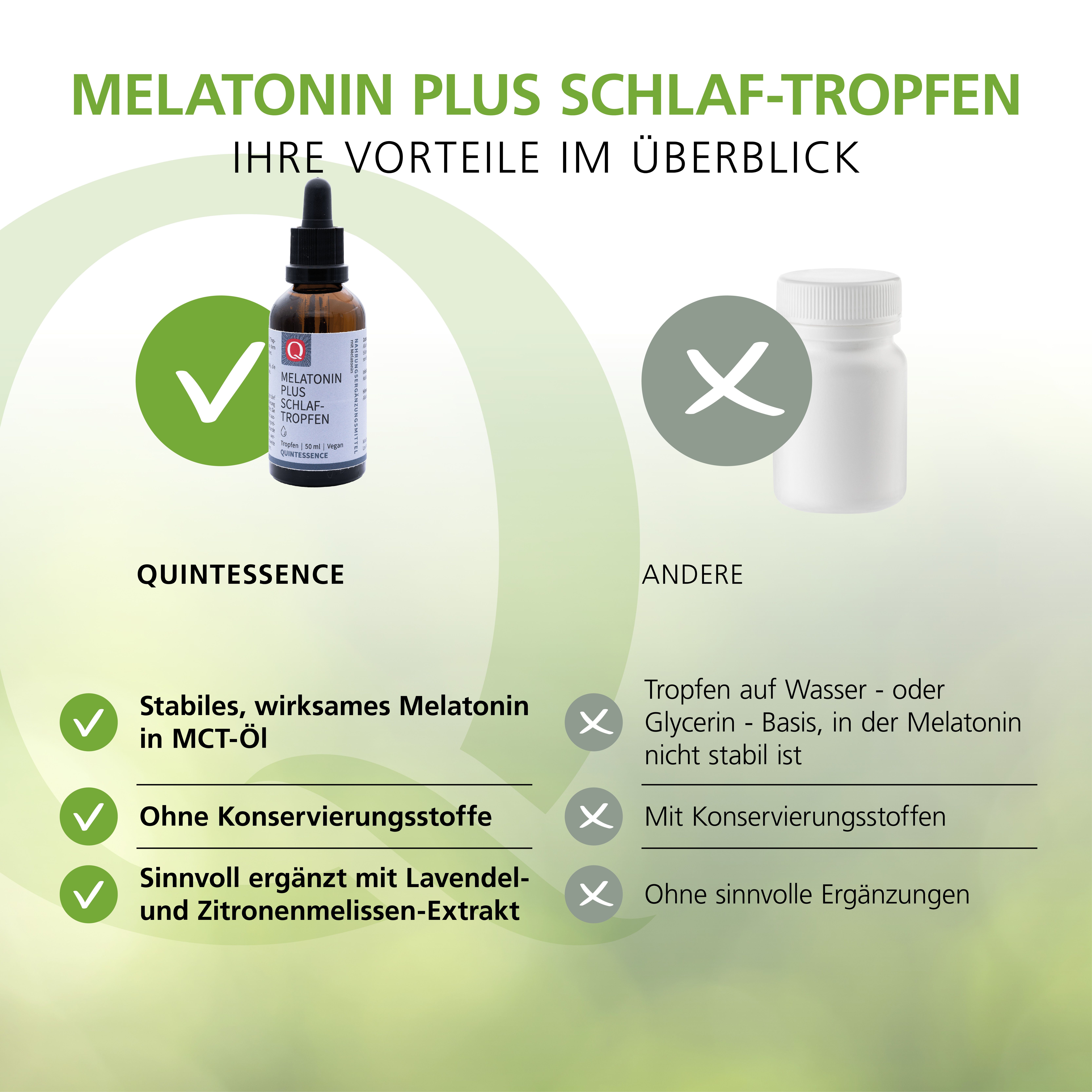 Vergleich: Melatonin Plus Schlaf-Tropfen (mit Tropferflasche) vs. andere (mit Kapsel). Vorteile: stabiles Melatonin, ohne Konservierungsstoffe.