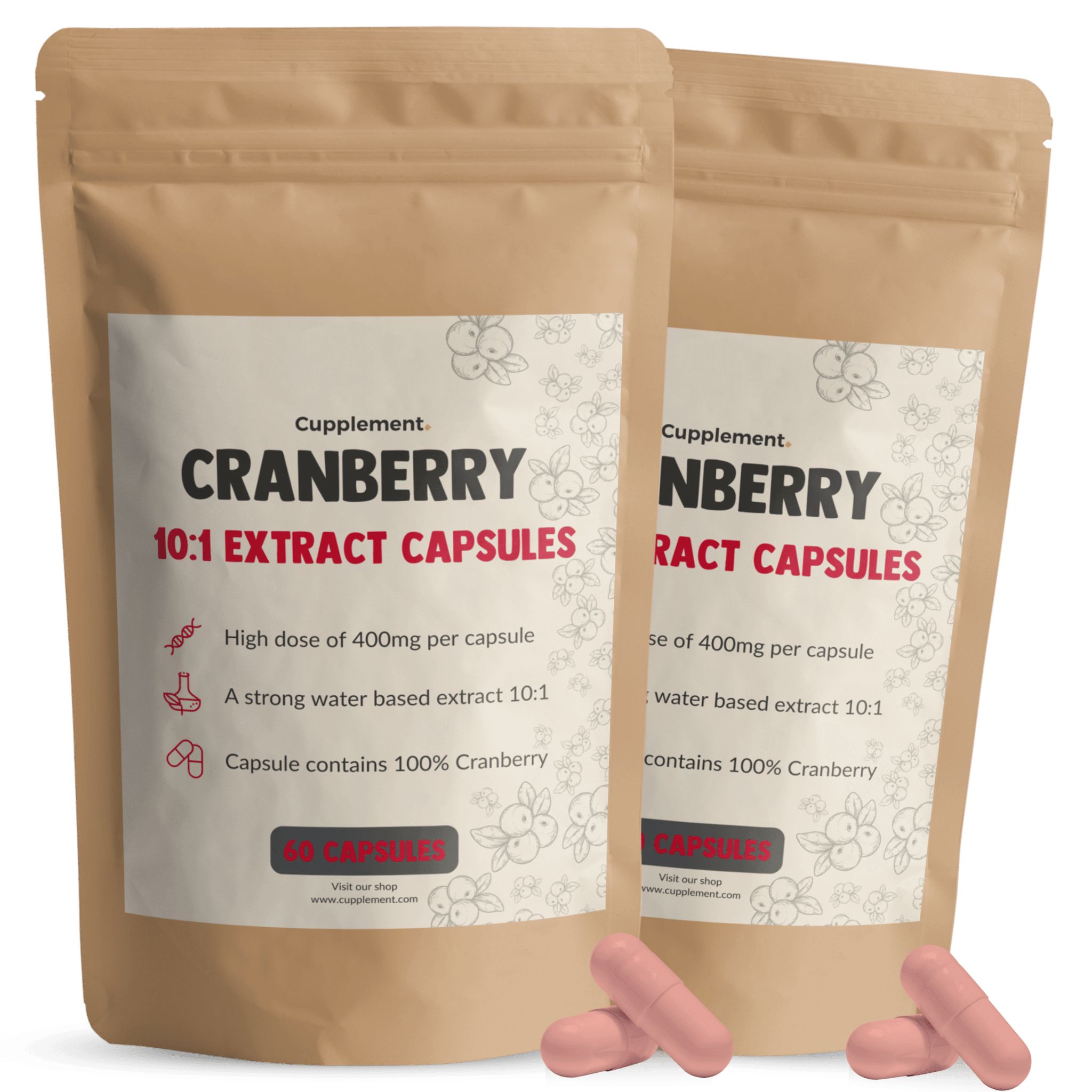 Zwei Beutel Cupplement Cranberry-Extrakt Kapseln. Aufschrift: 10:1 Extrakt, 400mg pro Kapsel. Rosa Kapseln liegen daneben.