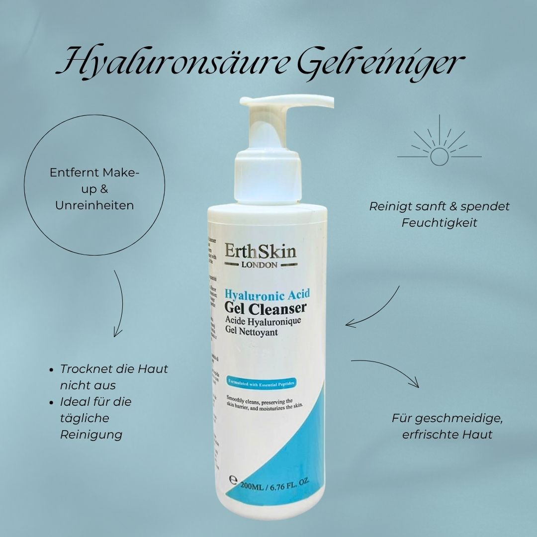 ErthSkin London Hyaluronsäure Gelreiniger. Weiße Flasche mit Pumpe, blaue Akzente. Text: Hyaluronic Acid Gel Cleanser. Zusätzliche Text-Elemente.