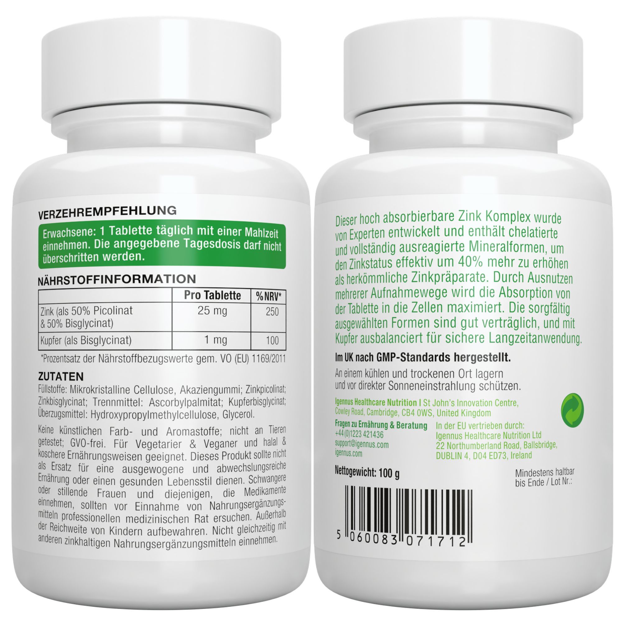 Vorder- und Rückseite einer Igennus Zink Komplex Flasche mit 180 Tabletten. Nährwertangaben und Inhaltsstoffe sichtbar.
