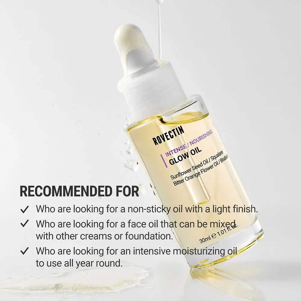 Gesichtsölflasche mit Pipette. ROVECTIN Intense Glow Oil, Inhaltsstoffe: Sonnenblumenöl, Squalan, Bitterorangenblütenöl, Bisabolol. Text: Empfohlen für...