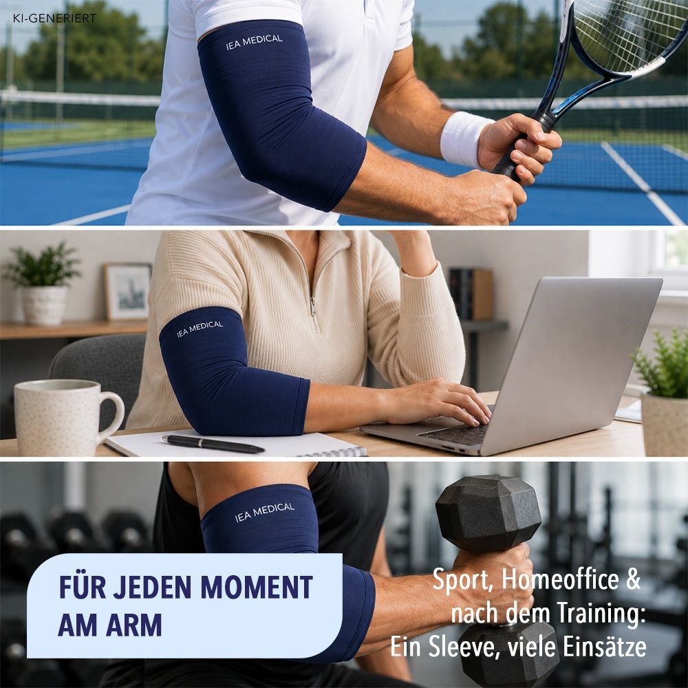 Collage: Mann beim Tennis, Frau am Laptop, Mann beim Hanteltraining, jeweils mit Kühlmanschette am Arm.
